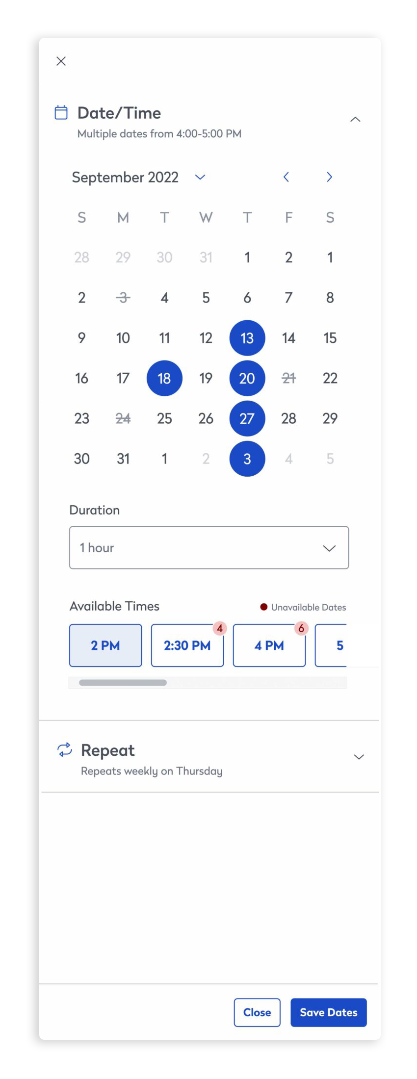 Bookings are highly customizable allowing users to not only set up a recurrence, but add single dates that fall outside that recurrence.