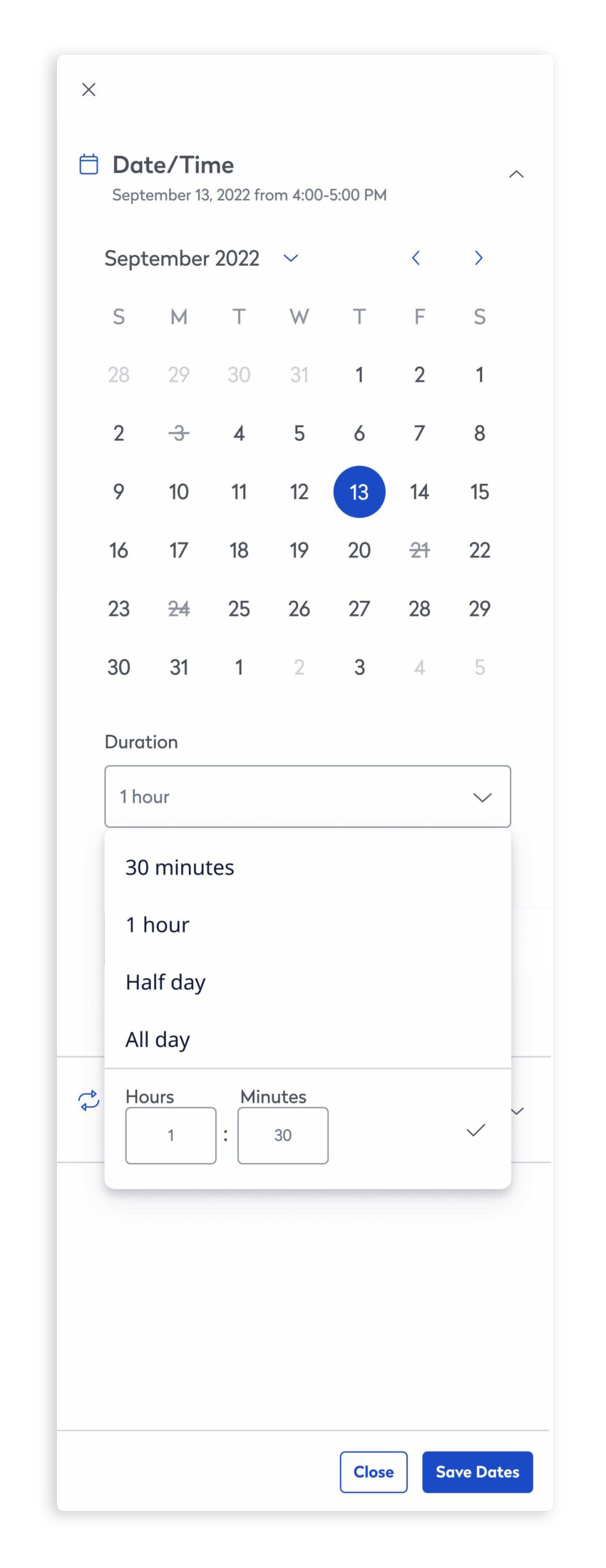These meeting duration options are based on research findings of the most booked time blocks for meeting rooms and desks. The meeting duration selected will influence what times are shown as open in the available times section.